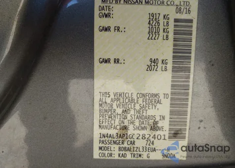 2016 Nissan Altima 2.5 Sv z USA, uszkodzony, nr VIN 1N4AL3AP1GC282401